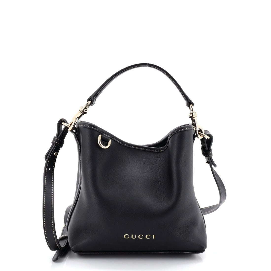 Small Gucci Emblem Bucket Bag Leather: Small Gucci Emblem Bucket Bag Leather Elevate your everyday style with the iconic Gucci Emblem Bucket Bag Leather, boasting sleek black leather exterior and gold-tone hardware. This small but mighty b