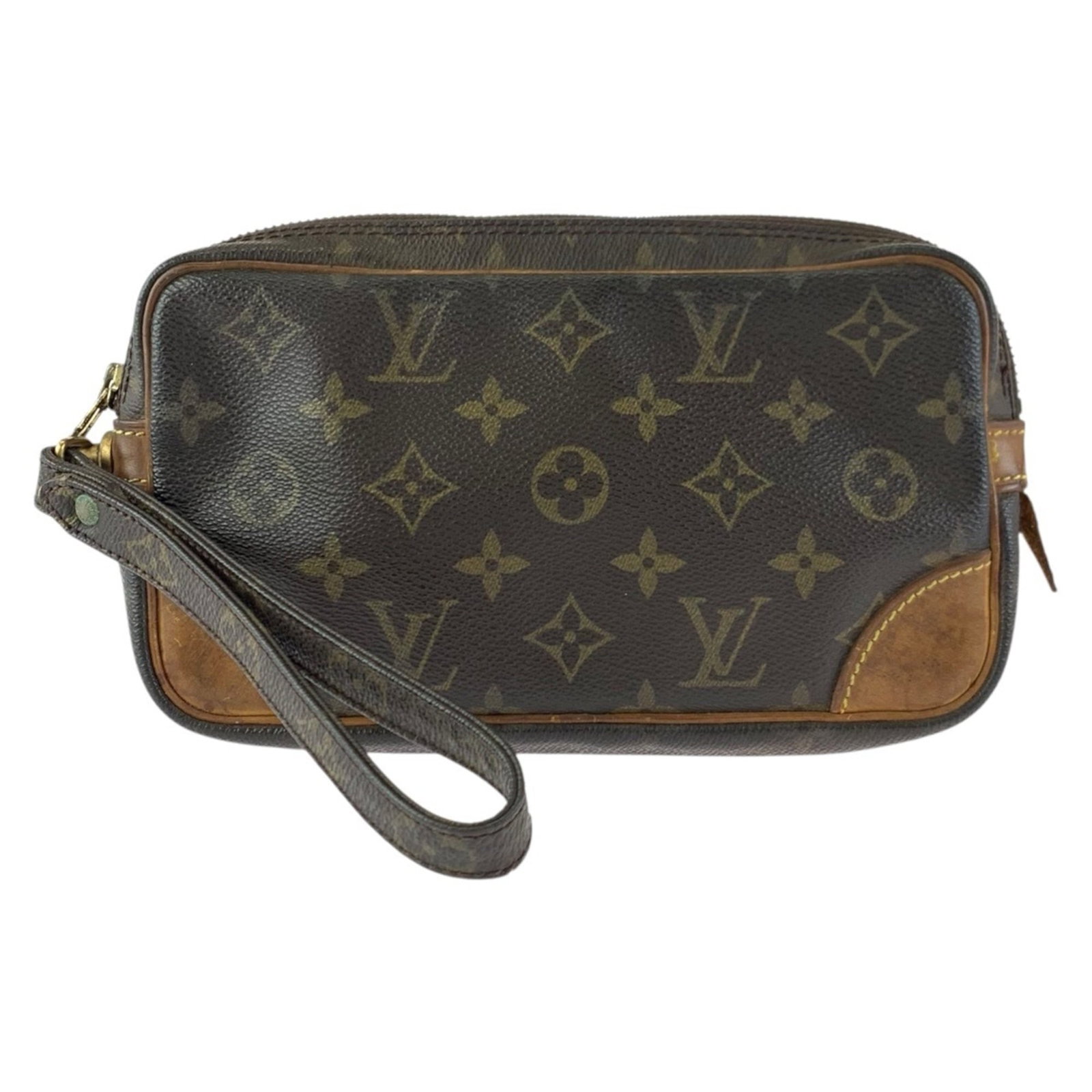 Louis Vuitton PVC and Leather Clutch Bag: Louis Vuitton PVC and Leather Clutch Bag A luxurious Louis Vuitton clutch bag, crafted from durable PVC and supple leather, boasts sleek gold hardware in a rich brown hue. With its compact size and st