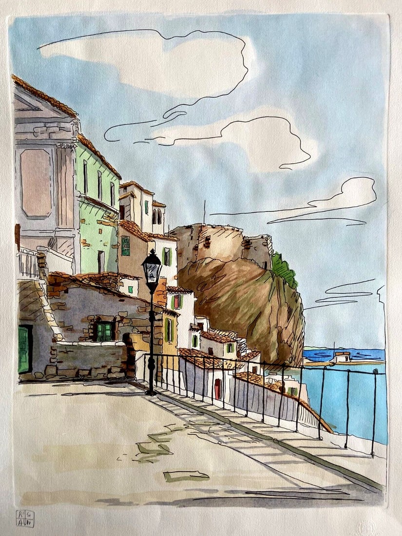 Aldo Riso "Scilla" 60x80 Painted Etching - Authenticated: Aldo Riso "Scilla" 60x80 Painted Etching - Authenticated A stunning Aldo Riso "Scilla" etching, expertly hand-painted in Italy, measures 60x80 cm and boasts impeccable condition with no signs of wear