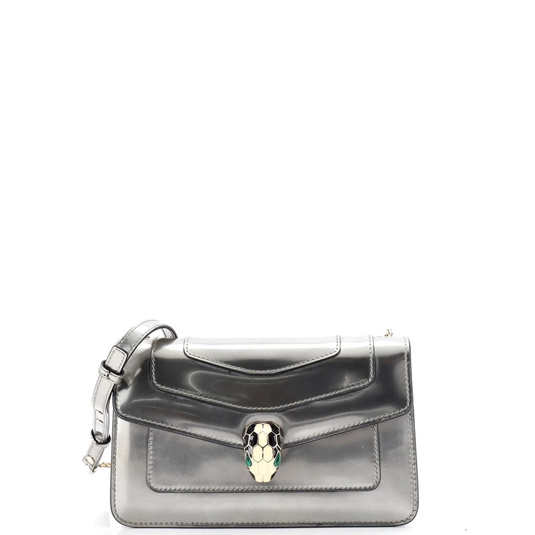 Bvlgari Serpenti Forever Small Metallic Leather Shoulder Bag: Bvlgari Serpenti Forever Small Metallic Leather Shoulder Bag Experience the timeless elegance of Bvlgari's Serpenti Forever Small Metallic Leather Shoulder Bag, boasting a sleek metallic exterior and