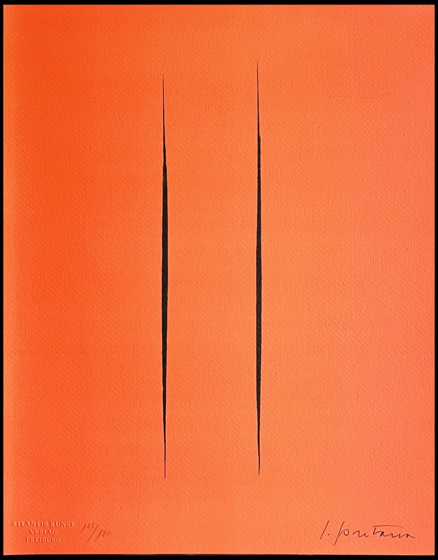 Lucio Fontana Lithograph: Lucio Fontana Lithograph Experience the dynamic work of Italian artist Lucio Fontana with this rare 1978 lithograph, "Space concept. Waiting". Signed by Fontana himself and authenticated by Atlantis