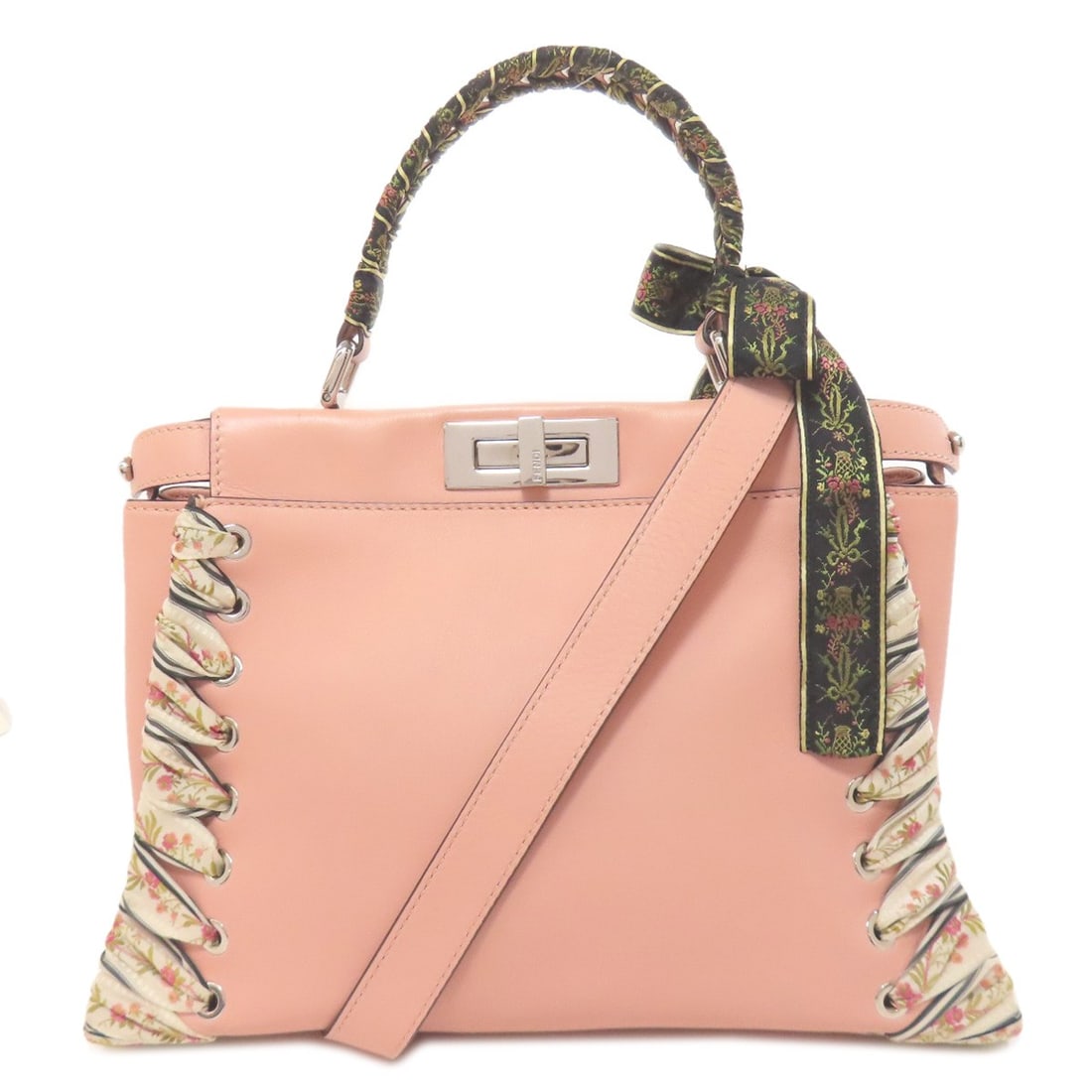 Calf FENDI Peekaboo Ribbon Stitch 2WAY Handbag: Calf FENDI Peekaboo Ribbon Stitch 2WAY Handbag Elevate your style with the iconic FENDI Peekaboo, a timeless handbag that exudes Italian chic. Crafted from supple calf leather in a vibrant pink hue, t