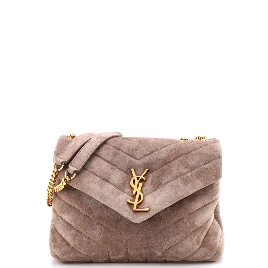Matelasse Chevron Suede Small Saint Laurent Loulou Shoulder Bag: Matelasse Chevron Suede Small Saint Laurent Loulou Shoulder Bag Elevate your style with the iconic Matelasse Chevron Suede Loulou Shoulder Bag from Saint Laurent. This sleek, neutral-toned bag boasts