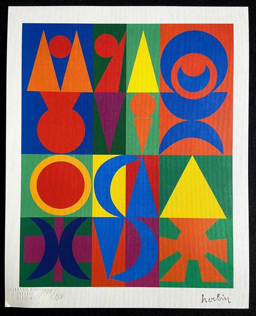Auguste Herbin Lithograph #: Auguste Herbin Lithograph # A rare and striking example of 20th-century art, Auguste Herbin's "Fiore-Frutto 2" is a chromolithographed masterpiece from the Atlantis Kunst Verlag collection. Printed in