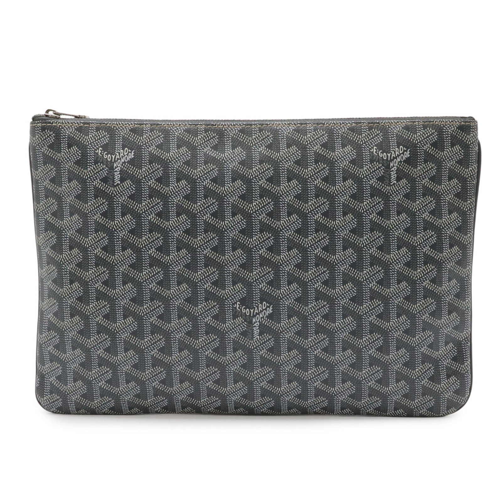 Goyard Coated Canvas Clutch Bag: Goyard Coated Canvas Clutch Bag A pre-owned Goyard Coated Canvas Clutch Bag in sleek gray and white, boasting the iconic brand's signature coated canvas material that adds an extra layer of durability