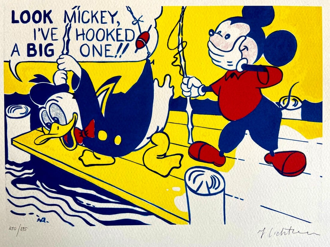 Kaws Roy Lichtenstein Lithograph Numbered Stamp: Kaws Roy Lichtenstein Lithograph Numbered Stamp Experience the iconic style of Roy Lichtenstein with this rare lithograph, featuring his signature "Look mouse" artwork from 1986. Printed by Birkhuser