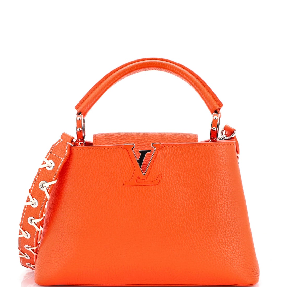 Louis Vuitton Capucines Bag - Leather and Whipstitch Strap: Louis Vuitton Capucines Bag - Leather and Whipstitch Strap A vibrant orange Louis Vuitton Capucines bag, boasting a timeless design and premium leather construction, is up for grabs. With its signatur