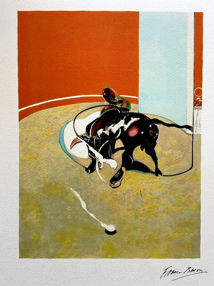 Published Francis Bacon Lithograph Op: Published Francis Bacon Lithograph Op A rare and striking Francis Bacon lithograph, printed by the renowned Metropolitan Museum of Art in 1975, showcases the artist's signature style with bold lines a