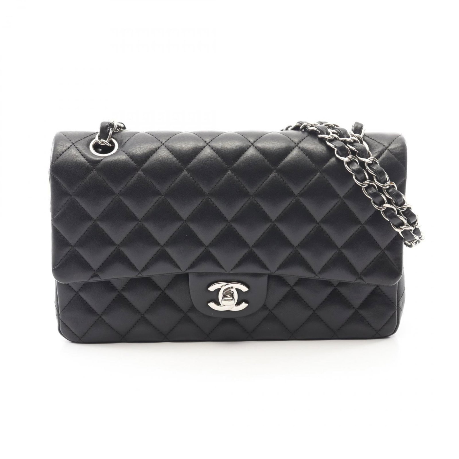 Chanel Shoulder Bag in Leather: Chanel Shoulder Bag in Leather A timeless Chanel shoulder bag in luxurious lambskin leather, adorned with sleek silver hardware and perfect for adding a touch of sophistication to any outfit. With its