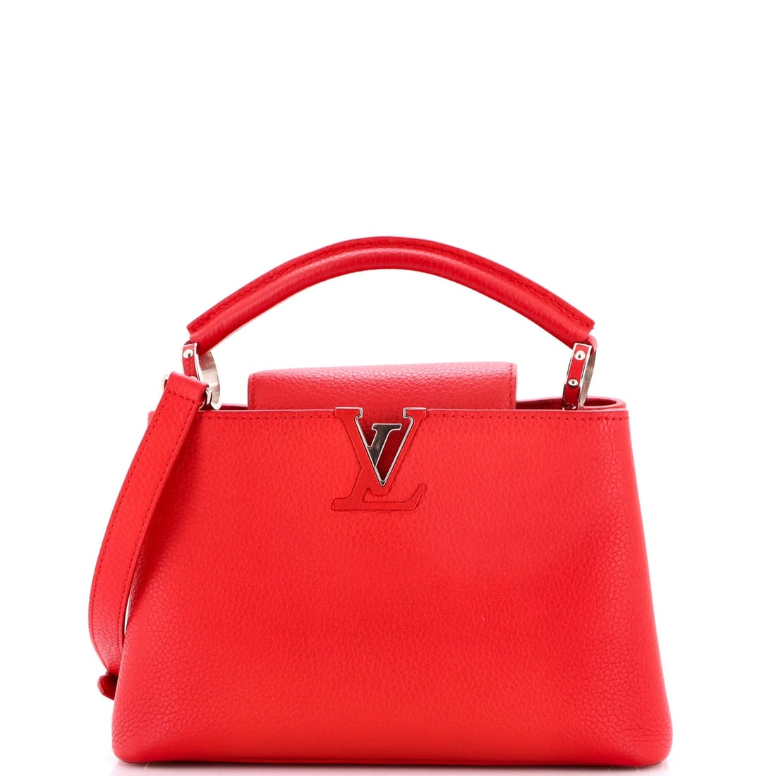 Louis Vuitton Capucines Leather BB Bag: Louis Vuitton Capucines Leather BB Bag A stunning Louis Vuitton Capucines Leather BB bag in bold red, boasting sleek top handle and spacious interior with leather lining. With its classic design and p