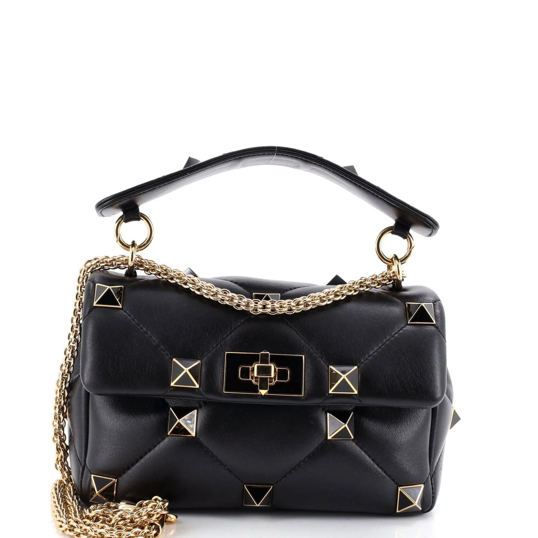 Valentino Garavani Roman Stud Quilted Leather Small Flap Bag: Valentino Garavani Roman Stud Quilted Leather Small Flap Bag Experience the epitome of luxury with this exquisite Valentino Garavani Roman Stud Quilted Leather Small Flap Bag, boasting sleek black qui