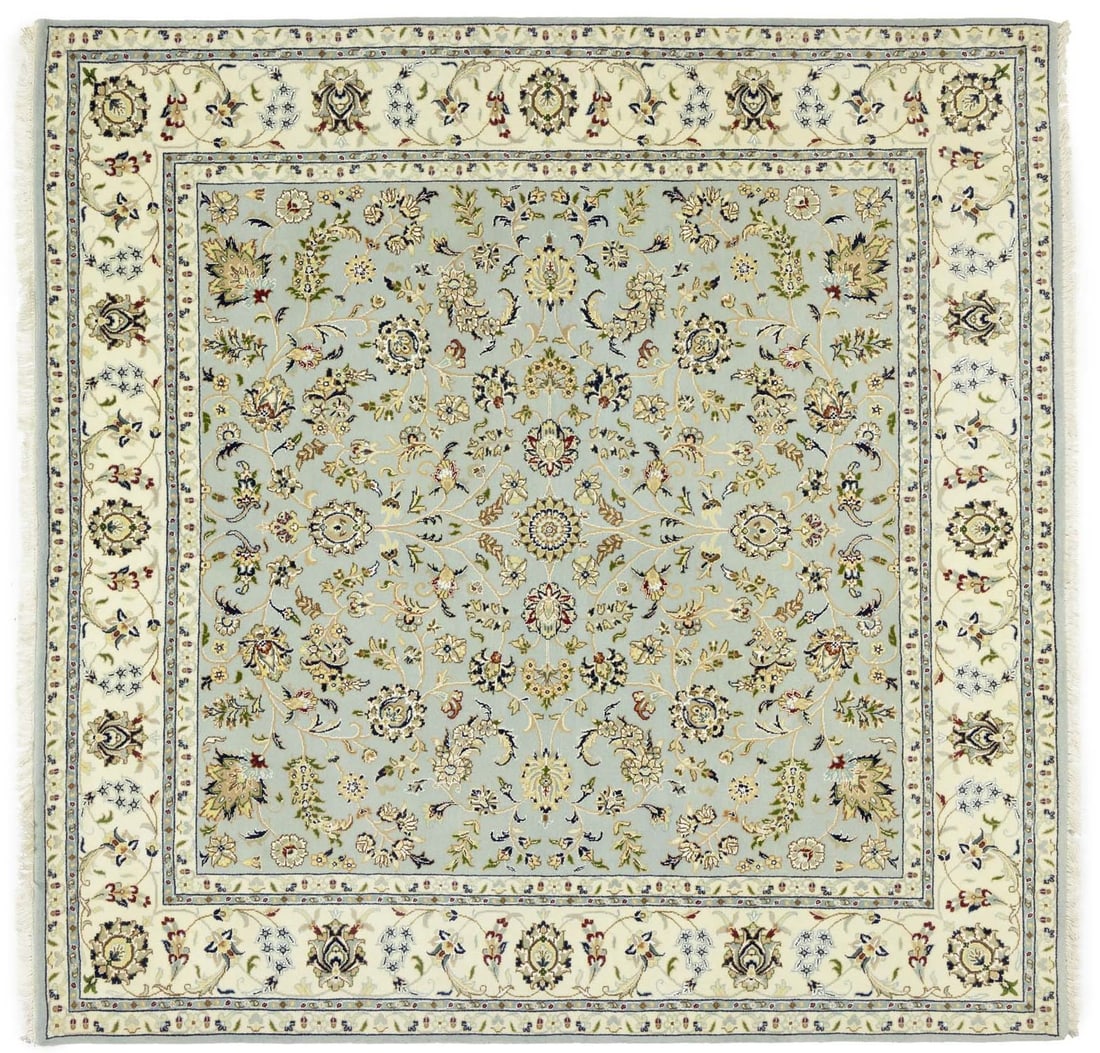 Carpet Light Blue Floral 7x7 Indo-Nain Allover Oriental Square Rug Decor: Carpet Light Blue Floral 7x7 Indo-Nain Allover Oriental Square Rug Decor Experience the timeless beauty of our hand-knotted Indo-Nain allover oriental square rug, expertly crafted with wool and silk t
