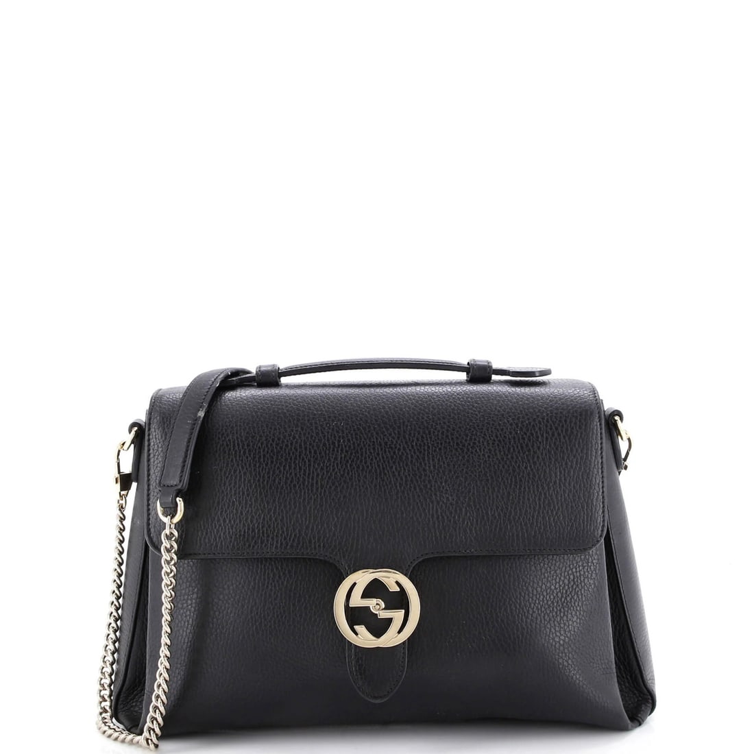 Gucci Interlocking Top Handle Bag in Medium Leather: Gucci Interlocking Top Handle Bag in Medium Leather Elevate your style with the iconic Gucci Interlocking Top Handle Bag, boasting sleek black leather exterior and gold-tone hardware. This luxurious s