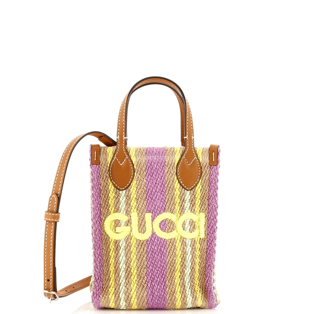 Gucci Super Mini Jute Tote with Vertical Logo: Gucci Super Mini Jute Tote with Vertical Logo Elevate your everyday style with the iconic Gucci Super Mini Jute Tote, boasting a bold vertical logo and vibrant multicolor exterior that adds a pop of