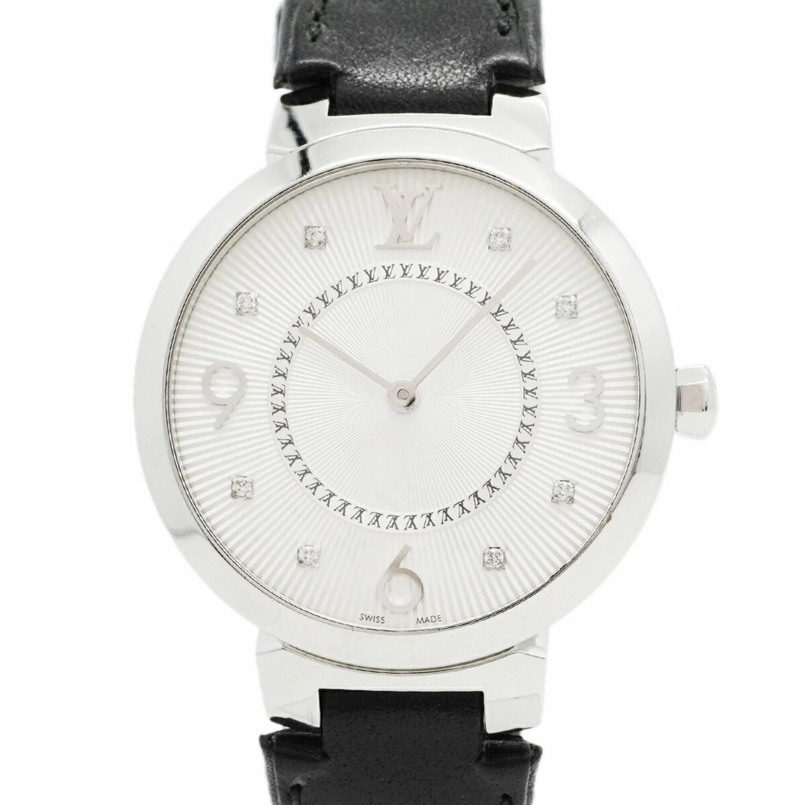 Wristwatch Louis Vuitton: Wristwatch Louis Vuitton A sleek and sophisticated Louis Vuitton wristwatch, adorned with a silver dial and leather band, adds a touch of luxury to any outfit. With its classic 33mm case size and comf