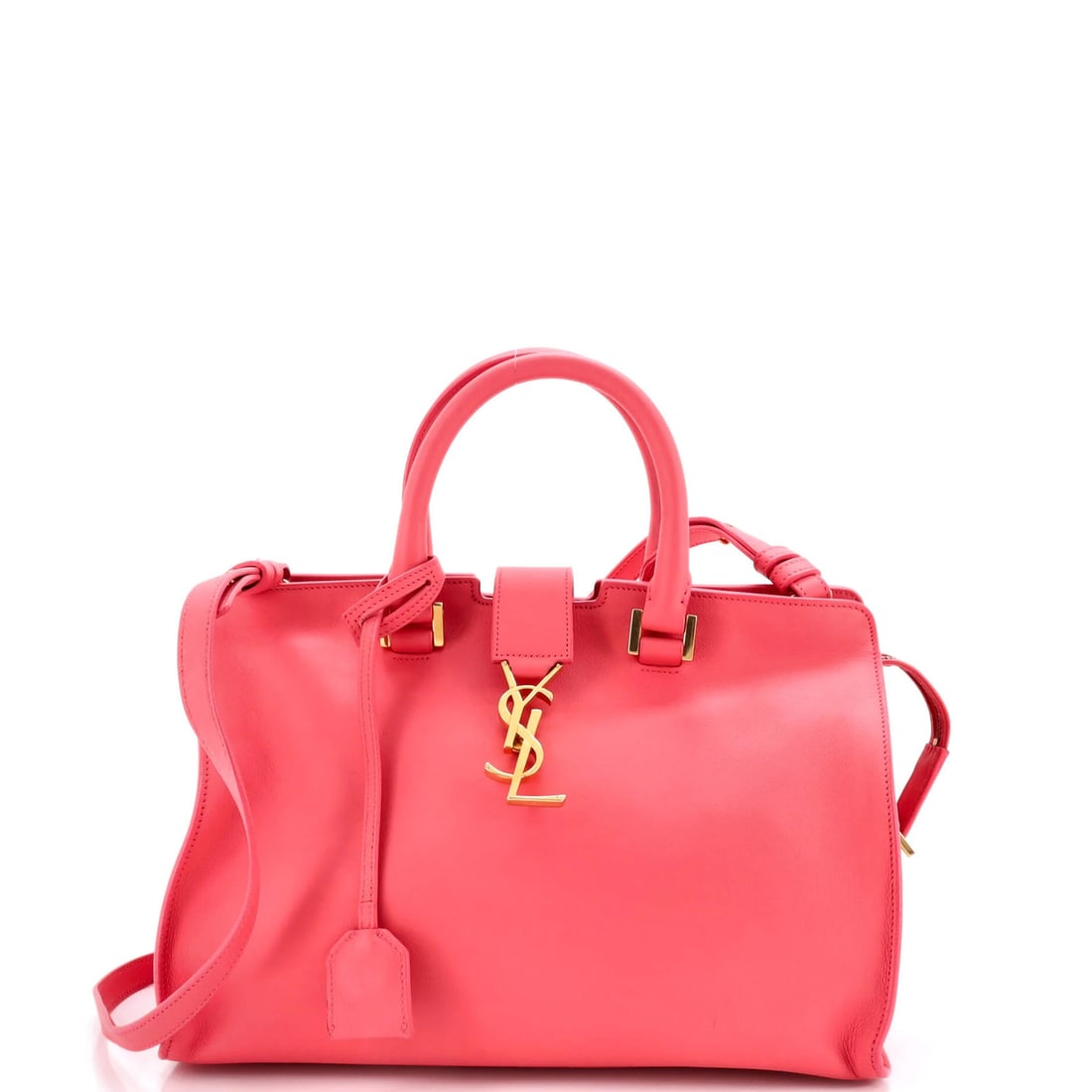 Small Saint Laurent Monogram Cabas Leather: Small Saint Laurent Monogram Cabas Leather A vintage Saint Laurent Monogram Cabas Leather satchel in a vibrant pink hue, complete with a gold clochette and strap, adds a touch of 90s chic to any