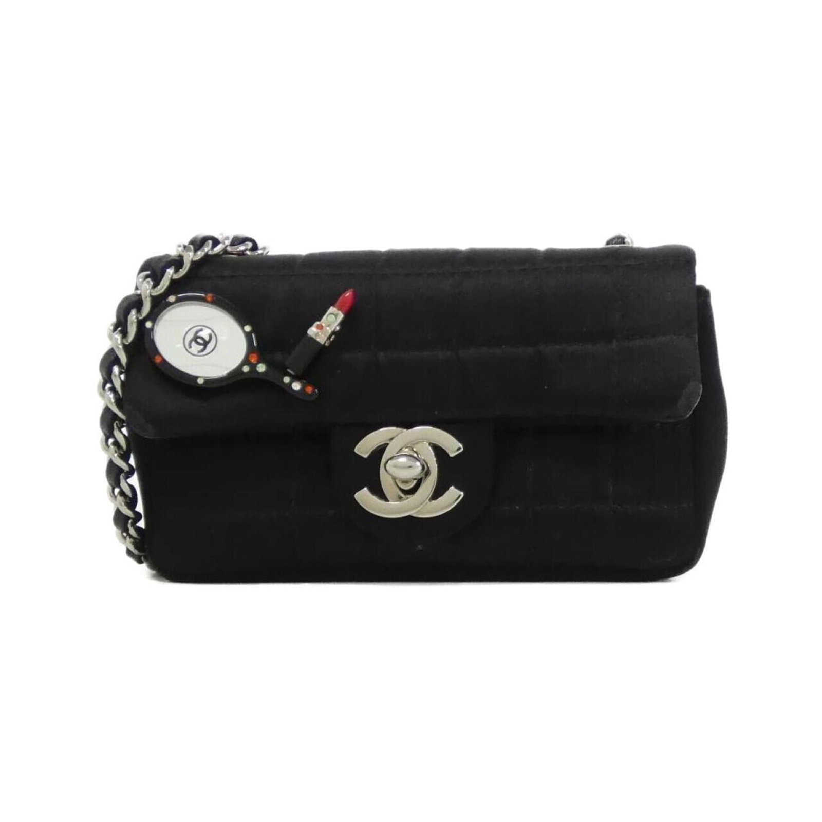 Chanel Satin Shoulder Bag: Chanel Satin Shoulder Bag A sleek and sophisticated Chanel shoulder bag, crafted from luxurious silk satin in a timeless black hue. The subtle sheen of the satin fabric catches the light, while the