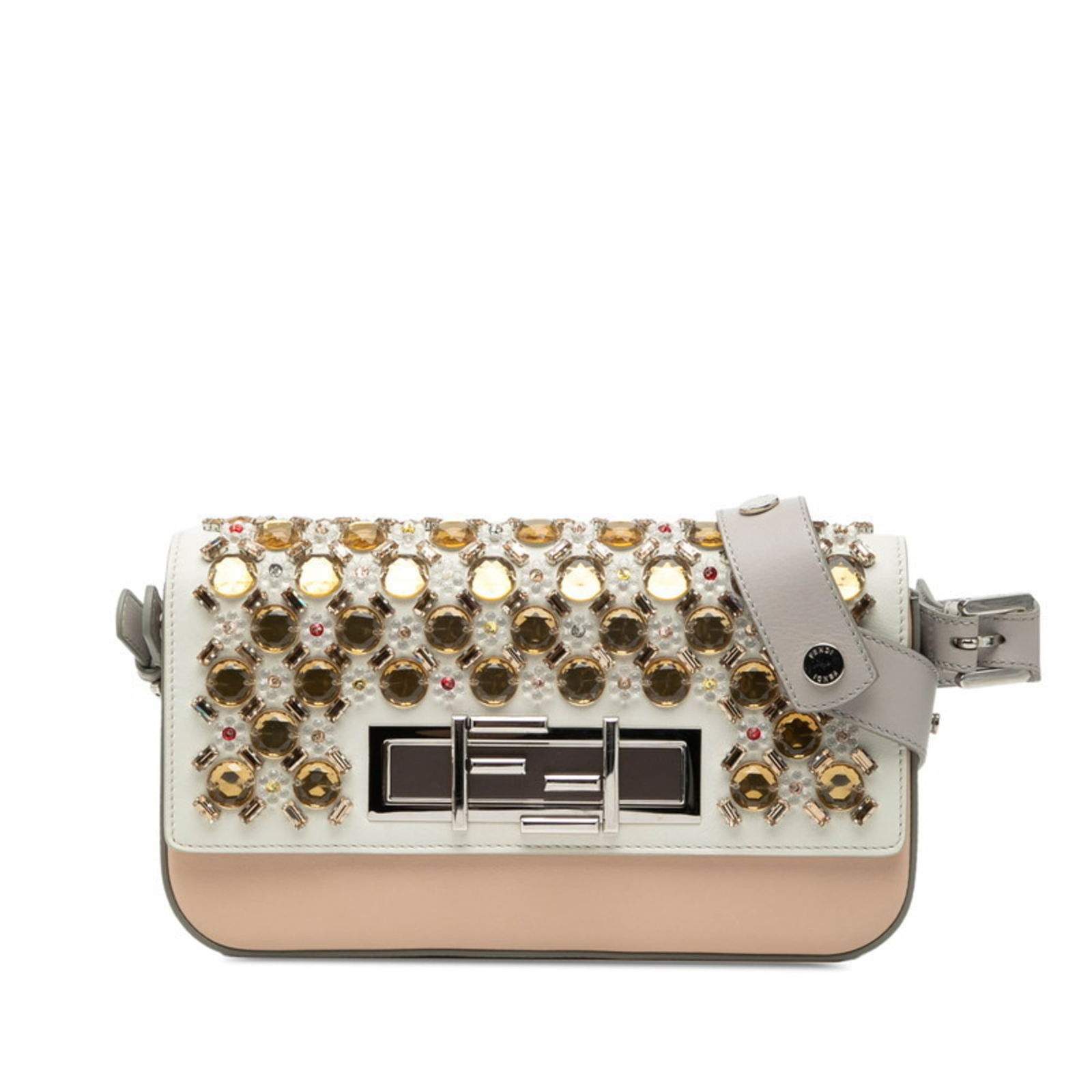 Fendi Shoulder Bag in Leather: Fendi Shoulder Bag in Leather A timeless Fendi shoulder bag in rich beige and white leather, perfect for adding an air of sophistication to any outfit. With its classic design and sturdy construction,