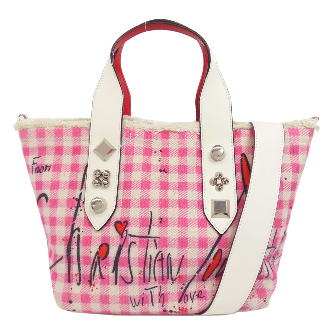 Canvas Christian Louboutin Flange bus 2WAY Handbag: Canvas Christian Louboutin Flange bus 2WAY Handbag Elevate your style with the iconic Christian Louboutin Flange bus 2WAY Handbag, boasting a vibrant pink canvas exterior and signature red sole detail
