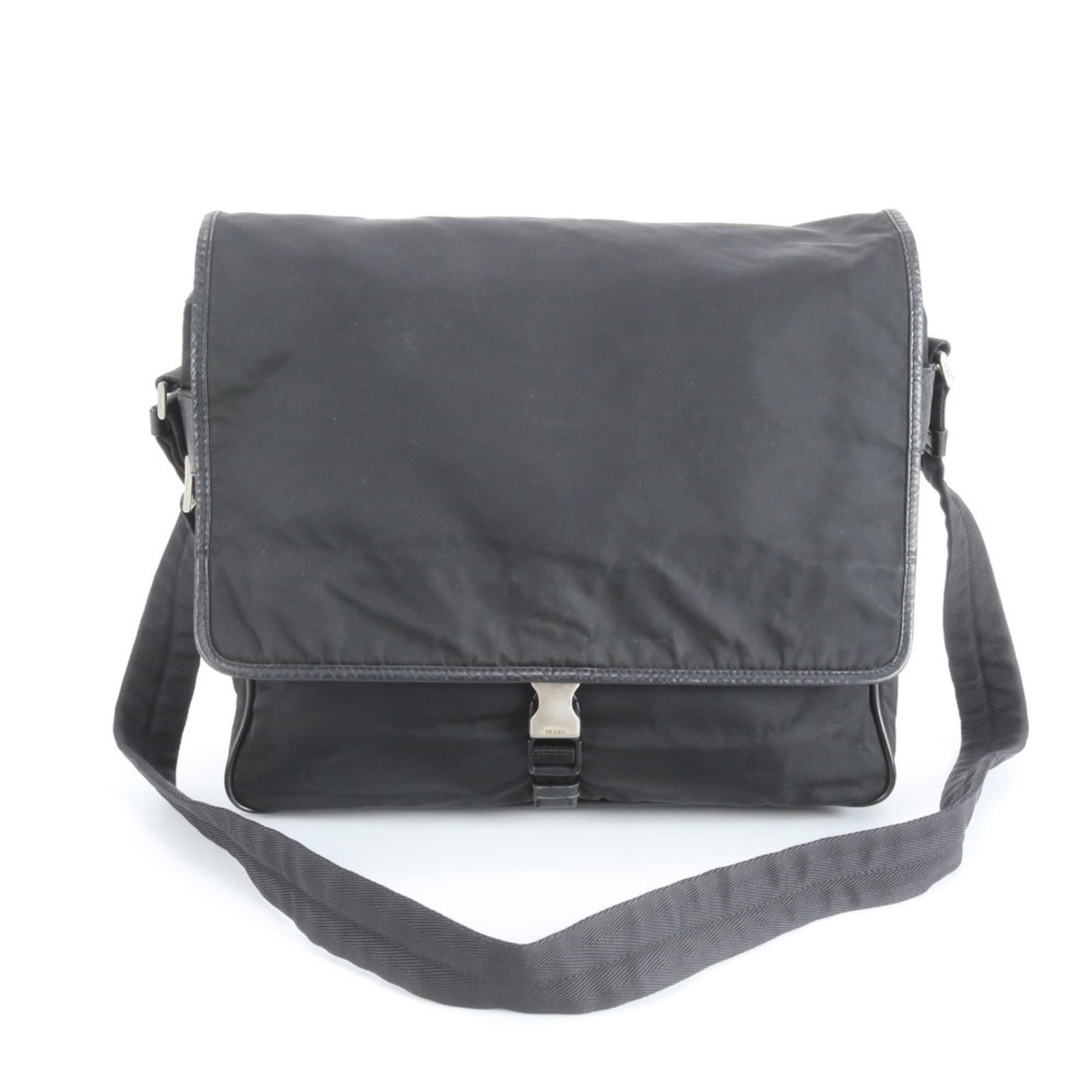 Prada Nylon and Leather Shoulder Bag: Prada Nylon and Leather Shoulder Bag A sleek and sophisticated shoulder bag, this Prada Nylon and Leather design boasts a striking black color scheme and premium materials that exude timeless style. W