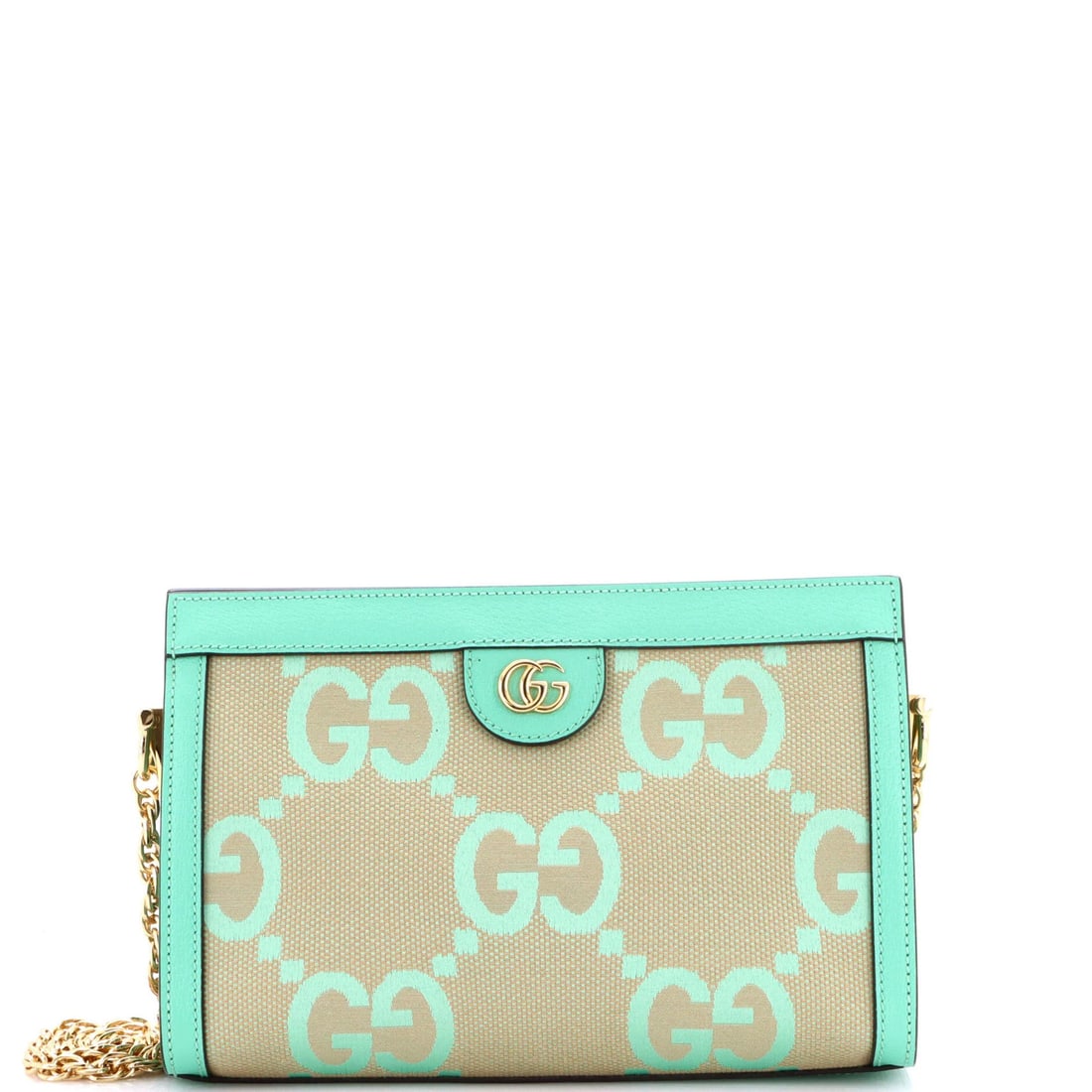 Gucci Ophidia Jumbo Chain Shoulder Bag in GG Canvas and Leather: Gucci Ophidia Jumbo Chain Shoulder Bag in GG Canvas and Leather Elevate your style with the iconic Gucci Ophidia Jumbo Chain Shoulder Bag, boasting a striking green canvas exterior and sleek leather a