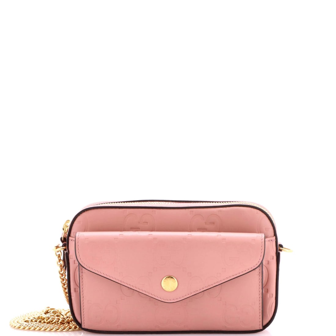 Gucci Super Mini GG Embossed Leather Shoulder Bag with Front Pocket Chain: Gucci Super Mini GG Embossed Leather Shoulder Bag with Front Pocket Chain Elevate your everyday style with the iconic Gucci Super Mini GG Embossed Leather Shoulder Bag, boasting sleek pink leather ext