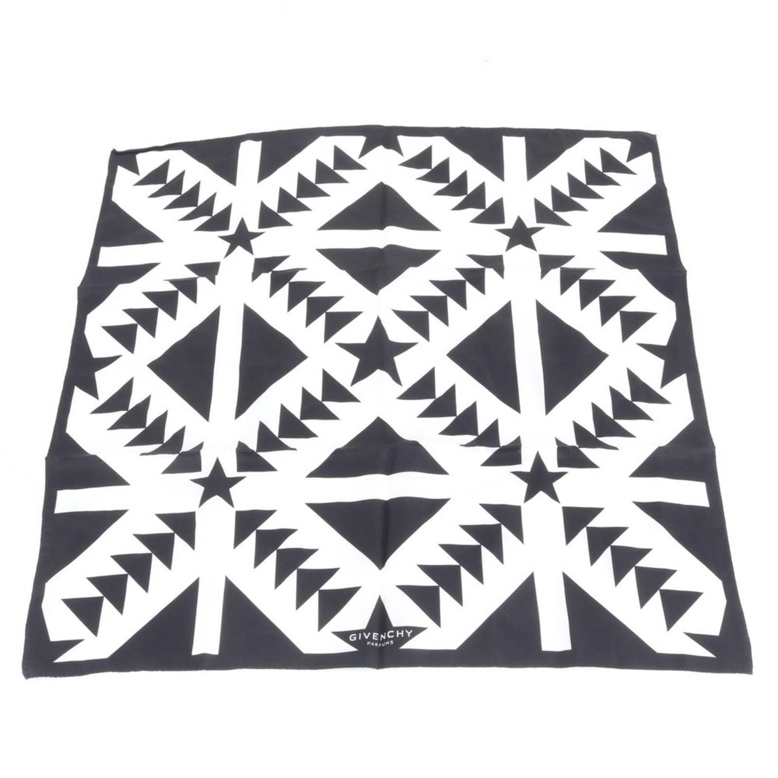 Silk Givenchy Scarf: Silk Givenchy Scarf A luxurious touch for any outfit, this pre-owned Givenchy silk scarf boasts sleek black and white hues that exude sophistication and elegance. With its 65cm x 63cm dimensions and h