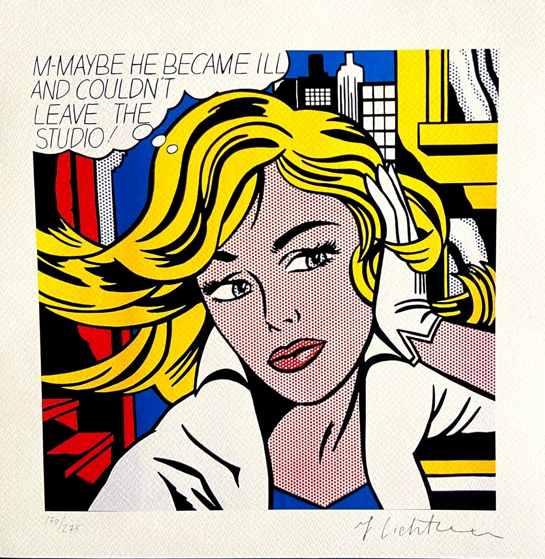 Edition Roy Lichtenstein Lithograph "M-Maybe" Limited: Edition Roy Lichtenstein Lithograph "M-Maybe" Limited Experience the iconic style of Roy Lichtenstein with this rare 1986 lithograph, "M-Maybe". Hand-numbered and signed by the artist, this limited ed