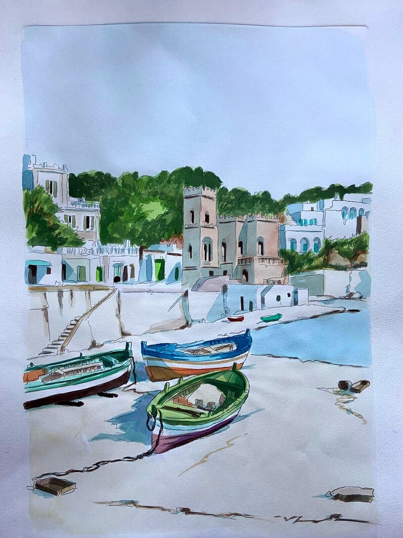 Law Aldo Riso ''Tricase Porto'' Inc. Painted 60x80 According to: Law Aldo Riso ''Tricase Porto'' Inc. Painted 60x80 According to A stunning Italian hand-painted incision by master artist Aldo Riso, 'Tricase Porto' is a true masterpiece, boasting vibrant colors and