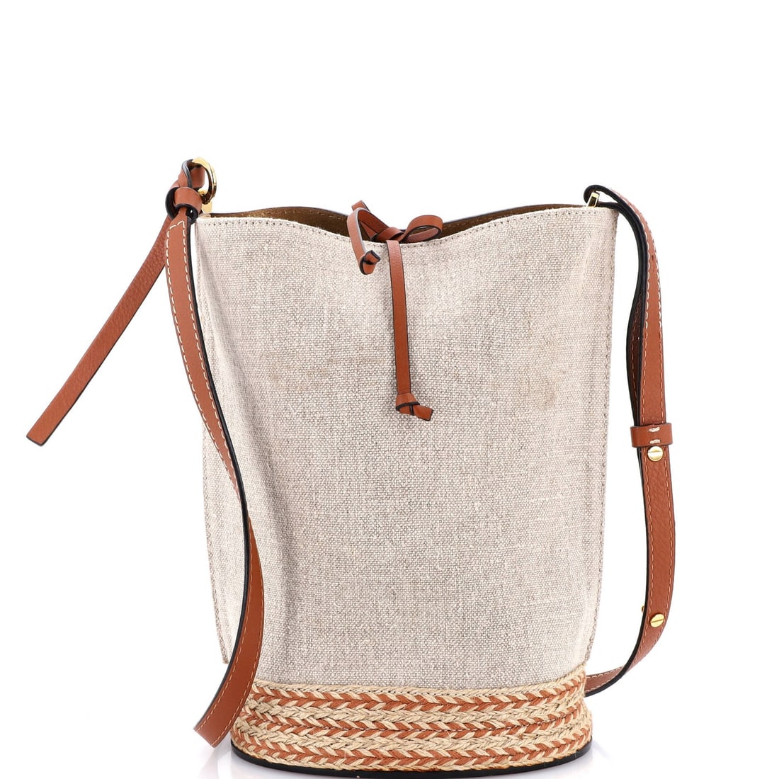 Loewe Gate Bucket Bag - Leather & Canvas, Raffia, Medium: Loewe Gate Bucket Bag - Leather & Canvas, Raffia, Medium The iconic Loewe Gate Bucket Bag is a timeless classic, boasting a unique blend of leather, raffia, and canvas materials that add depth and tex