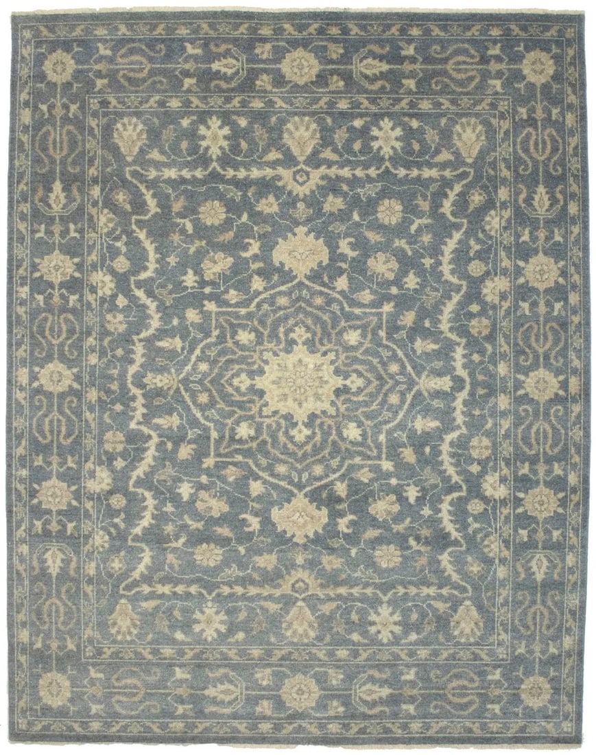Muted Slate Floral Transitional Rug (8x10) - Handmade Oriental Carpet: Muted Slate Floral Transitional Rug (8x10) - Handmade Oriental Carpet Experience the timeless beauty of our Muted Slate Floral Transitional Rug, hand-knotted from natural wool to create a unique and e