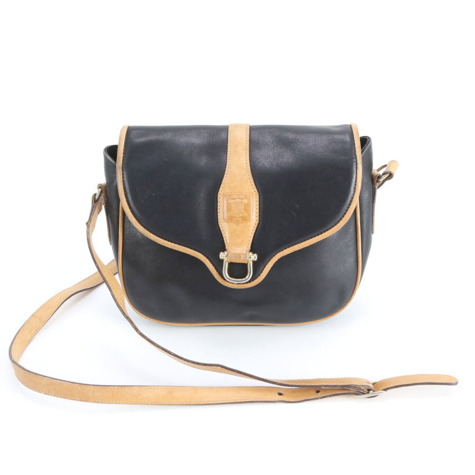 Celine Leather Shoulder Bag: Celine Leather Shoulder Bag A pre-owned Celine leather shoulder bag in soft beige and sleek black, offering a timeless and sophisticated style for everyday wear. With its classic design and premium