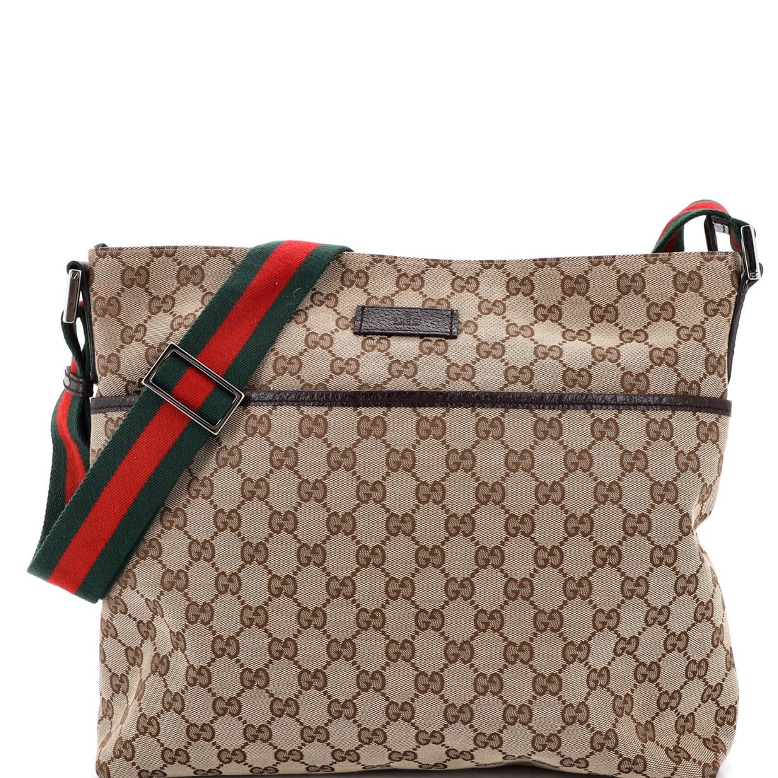 Gucci Medium GG Canvas Front Pocket Web Messenger: Gucci Medium GG Canvas Front Pocket Web Messenger The Gucci Medium GG Canvas Front Pocket Web Messenger is a timeless and stylish accessory, boasting the iconic GG canvas design and sleek web strap de