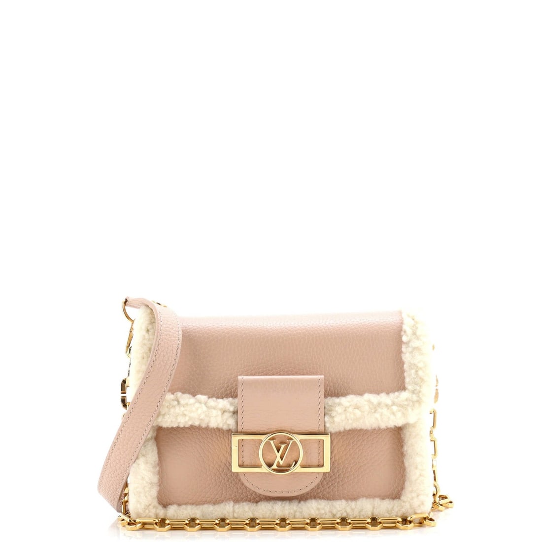 Louis Vuitton Dauphine Shoulder Bag - Shearling Mini Leather: Louis Vuitton Dauphine Shoulder Bag - Shearling Mini Leather The Louis Vuitton Dauphine Shoulder Bag is a chic and luxurious mini leather bag, boasting a striking pink shearling exterior that adds a t
