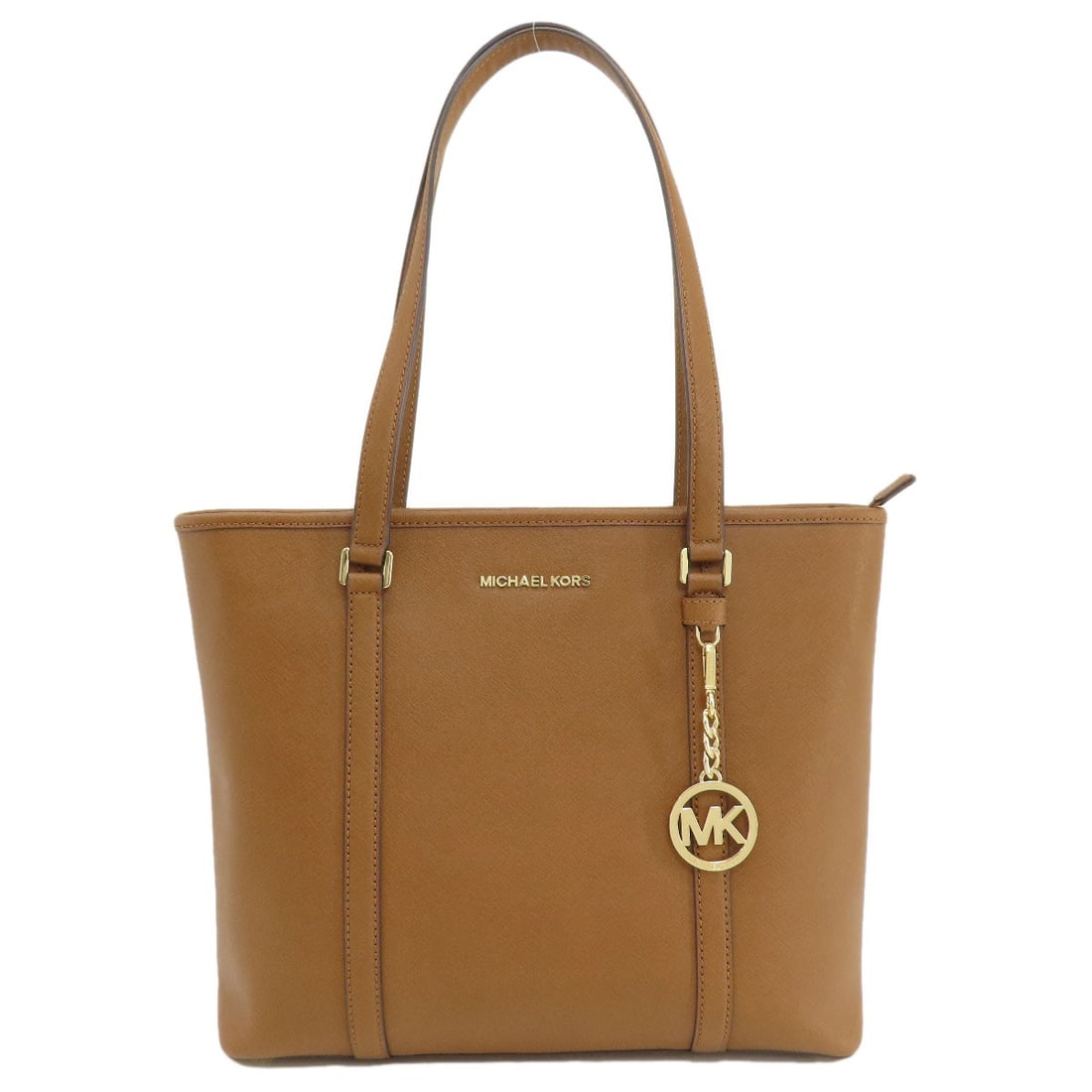 Michael Kors Logo Hardware Tote Bag in Leather: Michael Kors Logo Hardware Tote Bag in Leather Elevate your everyday with the Michael Kors Logo Hardware Tote Bag, boasting rich brown leather and sleek hardware accents that add a touch of