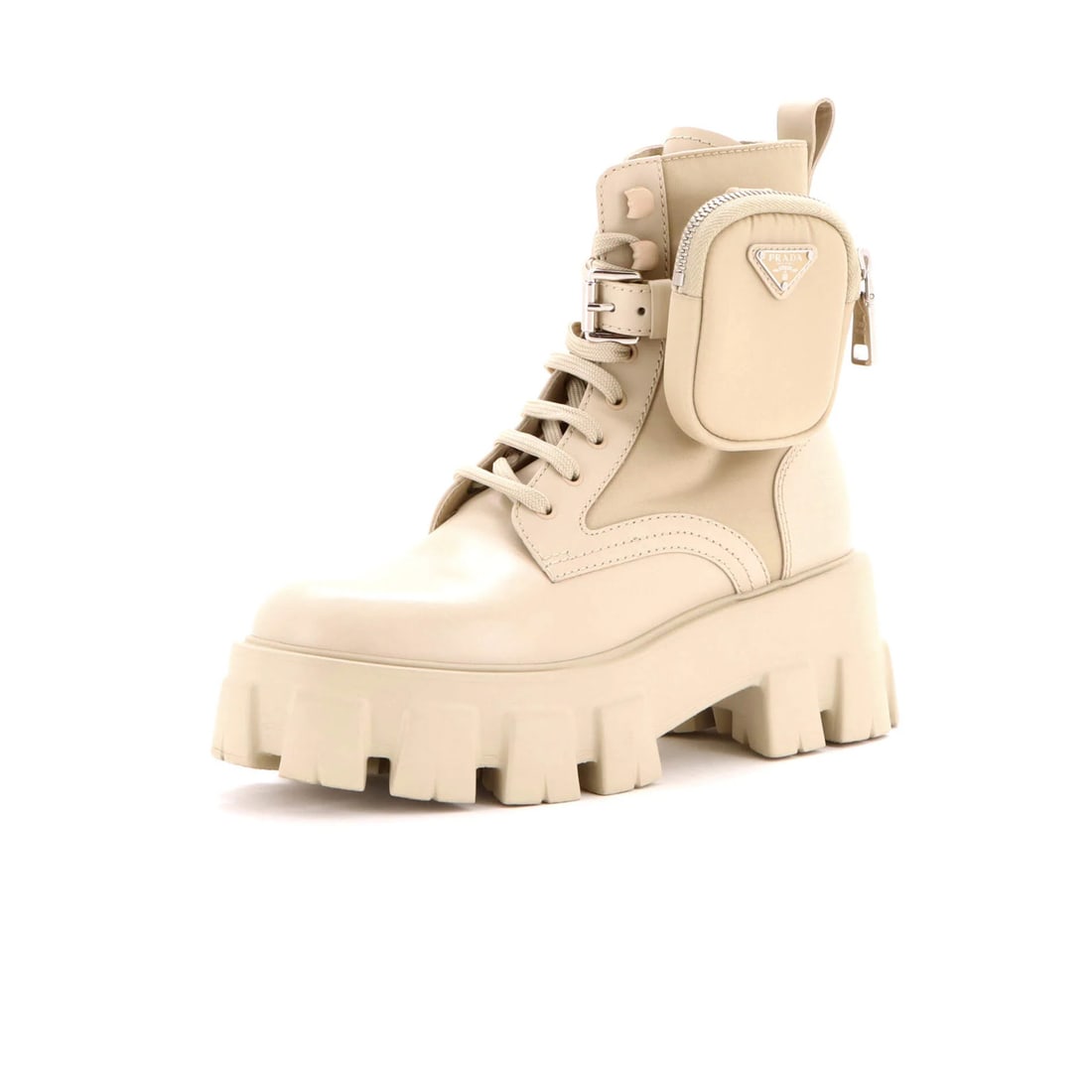 Prada Women's Monolith Combat Boots - Leather and Nylon: Prada Women's Monolith Combat Boots - Leather and Nylon Elevate your style with the Prada Women's Monolith Combat Boots, boasting a striking combination of leather and nylon materials that add edge to