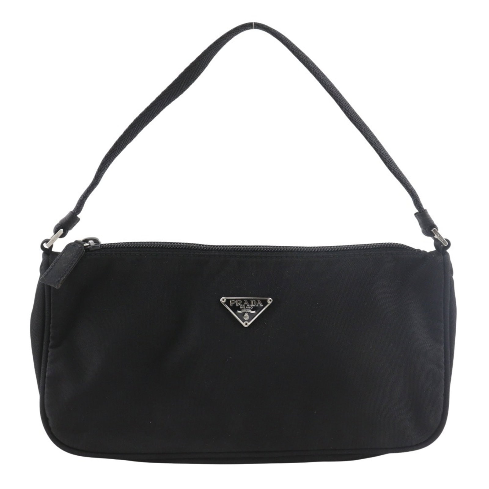 Prada Nylon Pouch Handbag: Prada Nylon Pouch Handbag A sleek and sophisticated Prada Nylon Pouch Handbag, crafted from durable nylon material, is up for grabs. With its classic black color and compact size, this stylish pouch i