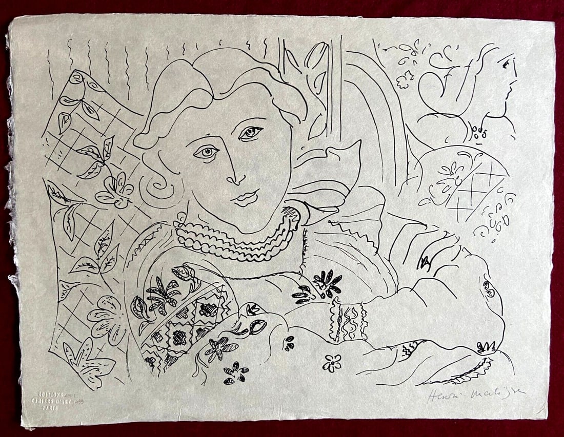 Numbered Henri Matisse Lithograph 1960 Contract: Numbered Henri Matisse Lithograph 1960 Contract A stunning example of Henri Matisse's graphic work from the 1960s, this numbered lithograph showcases the artist's mastery of pure lines and female sens