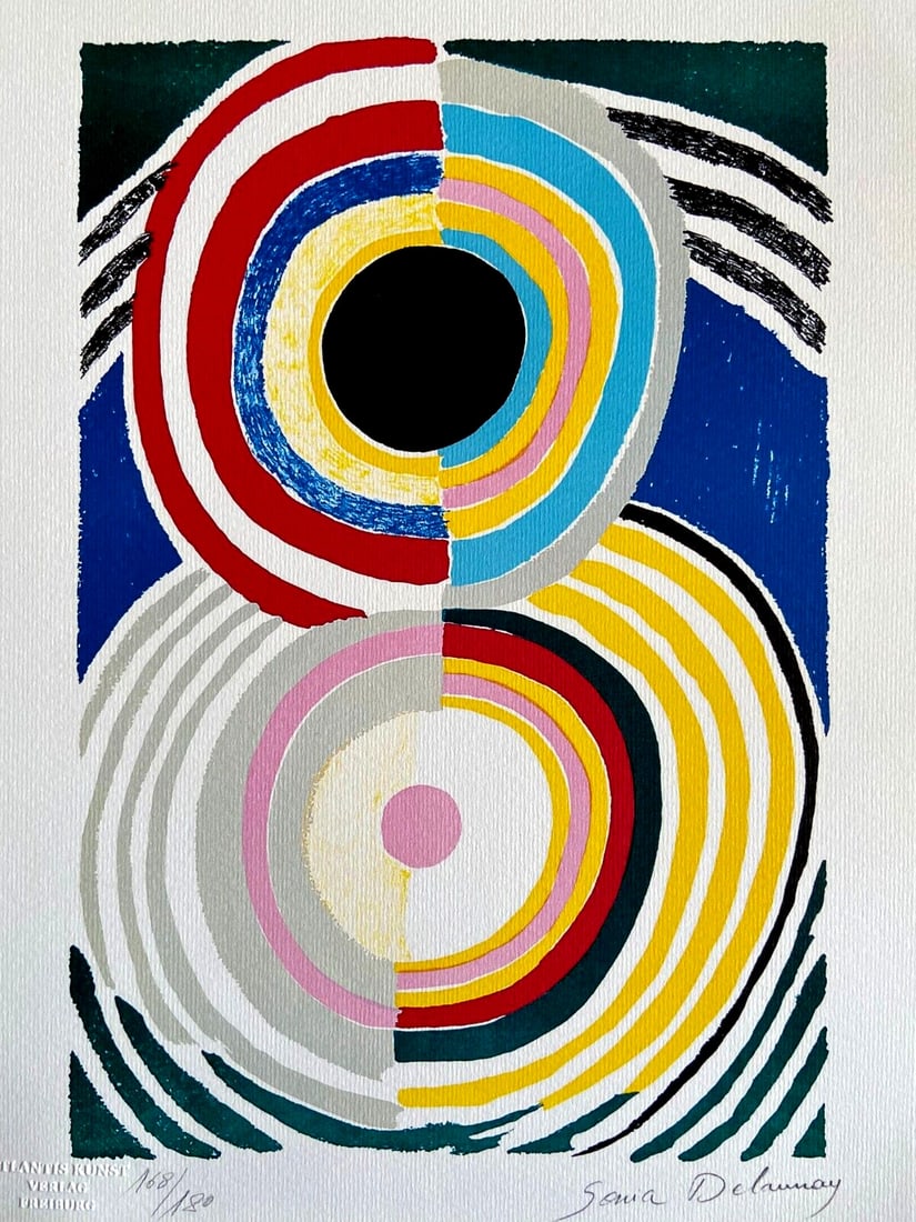 180 Sonia Delaunay Lithograph Op Numbered: 180 Sonia Delaunay Lithograph Op Numbered A rare and vibrant piece of art, this 1978 lithograph by Sonia Delaunay is one of only 180 specimens printed by Atlantis Verlag in Freiburg. Signed by the art