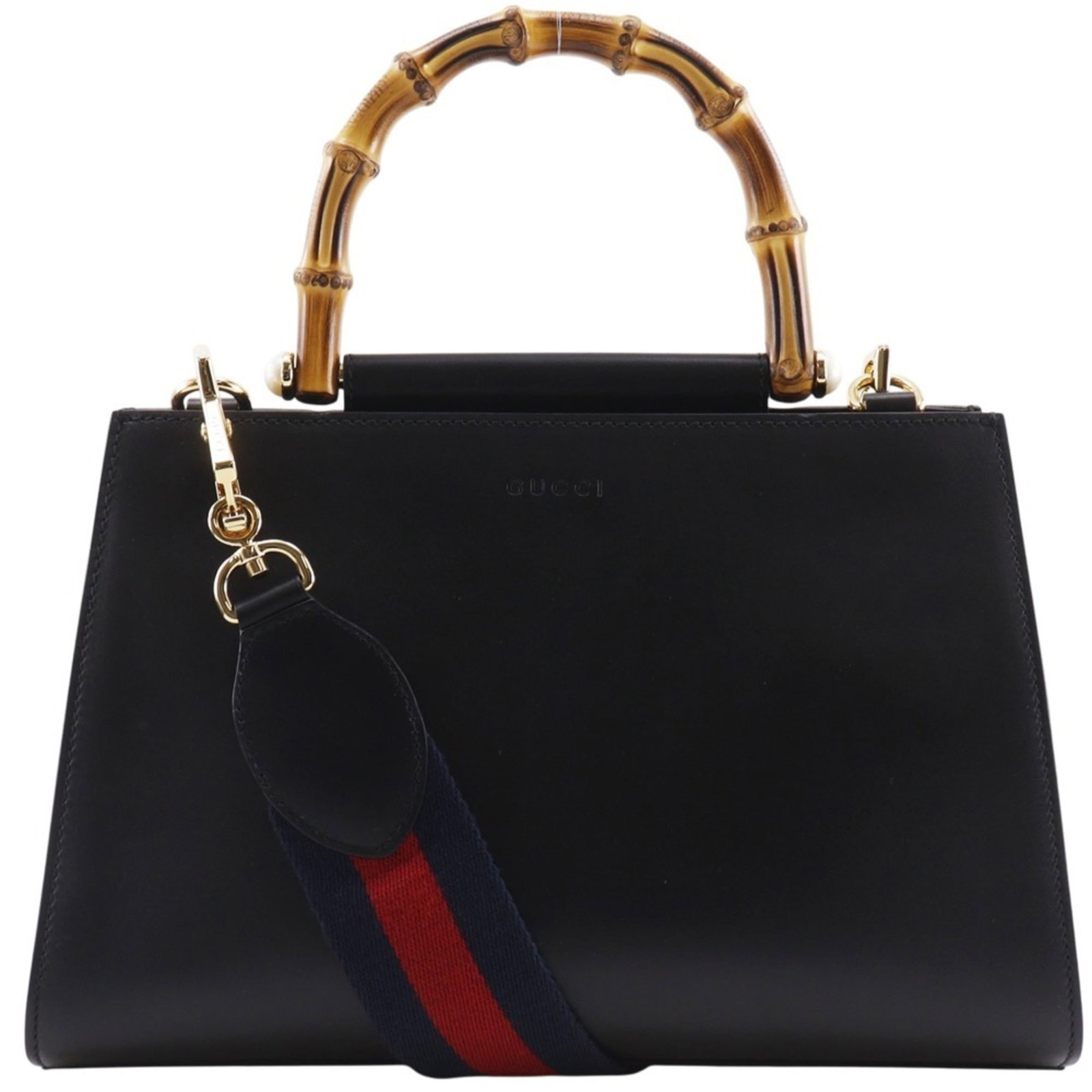 Gucci Leather Handbag: Gucci Leather Handbag A sleek and sophisticated Gucci leather handbag in black calfskin, boasting a timeless design with subtle signs of wear that only add to its charm. With its classic shape and pre
