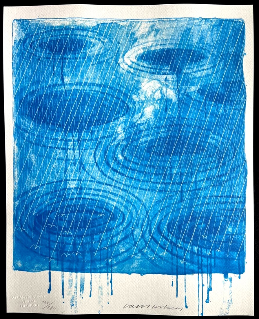 David Hockney Lithograph 'Rain' (Numbered): David Hockney Lithograph 'Rain' (Numbered) Experience the vibrant pop art style of David Hockney in 'Rain', a stunning lithograph from 1997. This limited edition print, numbered and signed by the arti