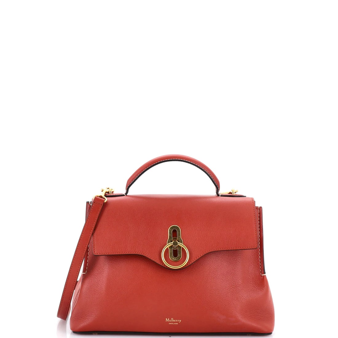 Small Leather Mulberry Seaton Top Handle Bag: Small Leather Mulberry Seaton Top Handle Bag A vibrant and stylish Mulberry Seaton Top Handle Bag, this small leather tote boasts a bold orange exterior with gold hardware, adding a pop of color to an