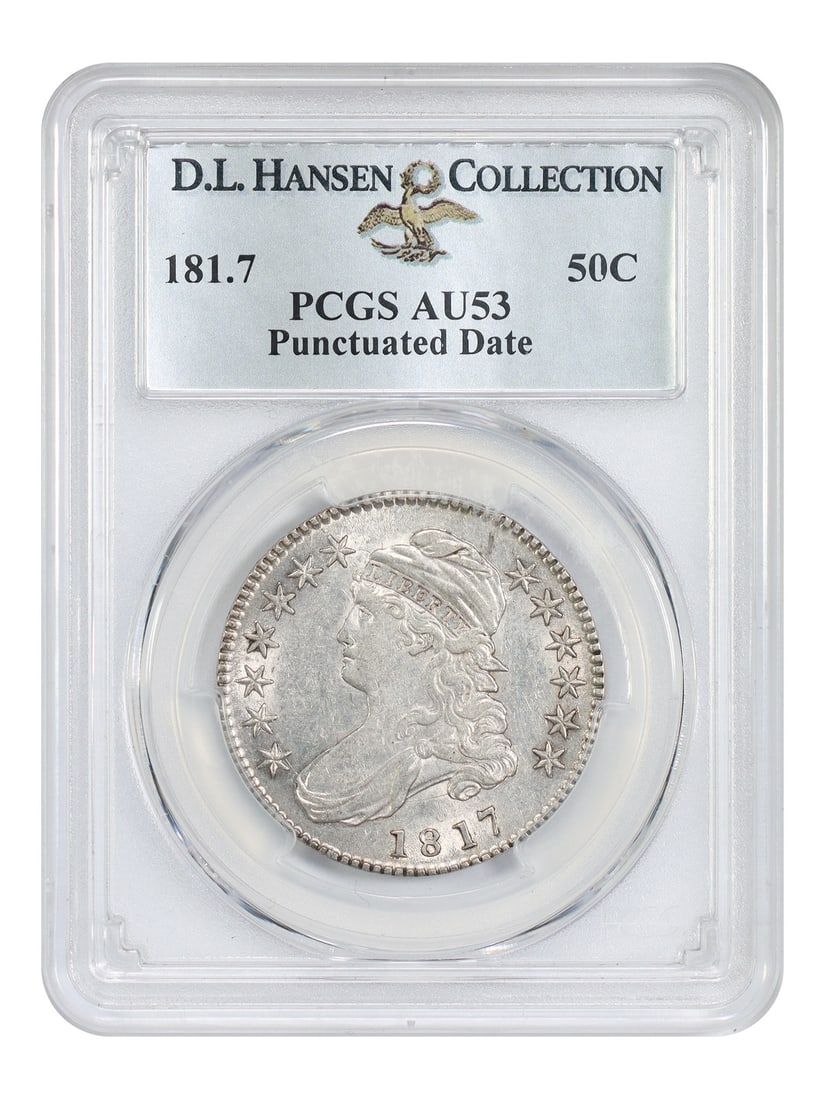 181.7 50C PCGS AU53, Ex D.L. Hansen, Capped Bust Half Dollar: 181.7 50C PCGS AU53, Ex D.L. Hansen, Capped Bust Half Dollar A rare and highly sought-after Capped Bust Half Dollar from 1817, graded AU53 by PCGS, boasts a rich history as an ex D.L. Hansen collectio