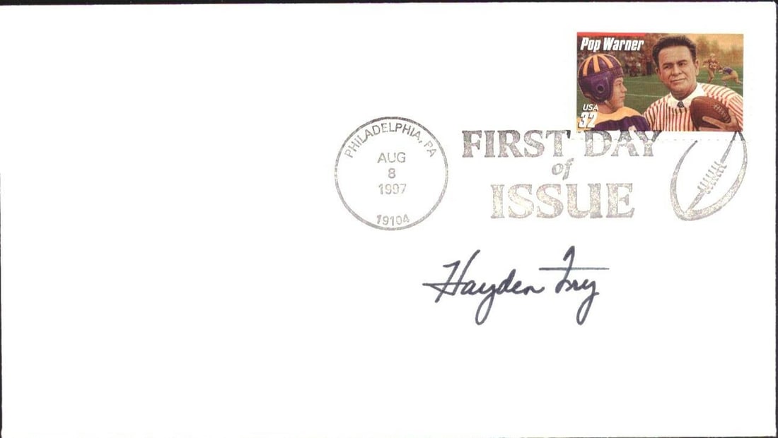 151485 Haden Fry Signed 1997 FDC First Day Cover Pop Warner Iowa: 151485 Haden Fry Signed 1997 FDC First Day Cover Pop Warner Iowa Get ready to own a piece of Iowa football history! This rare 1997 First Day Cover (FDC) is signed by Haden Fry, the legendary quarterba