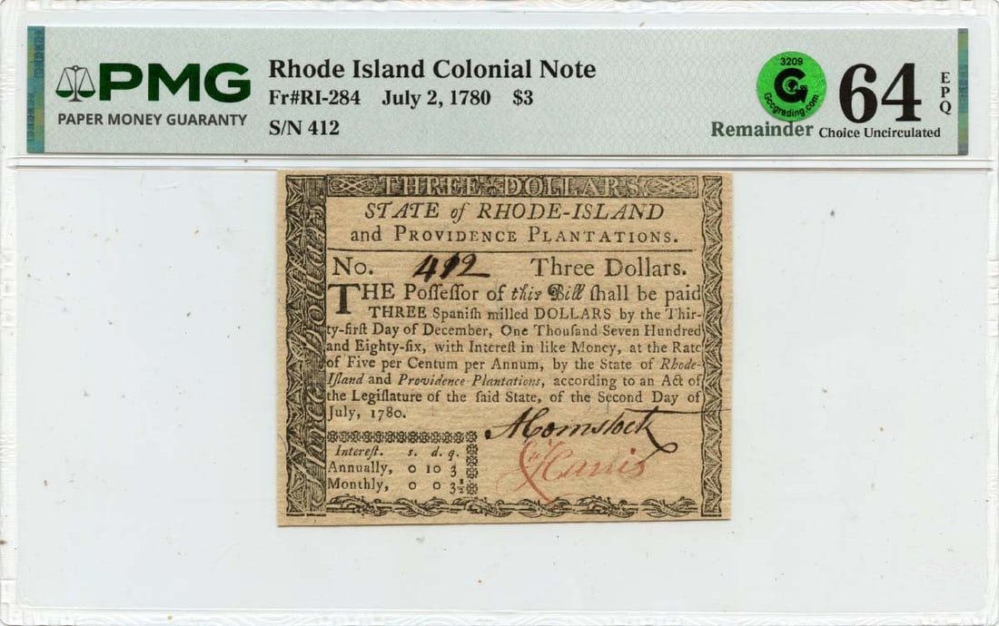 $3 Rhode Island Colonial Note FR#RI-284 PMG CU64 EPQ GCC Green - 1780 July 2: $3 Rhode Island Colonial Note FR#RI-284 PMG CU64 EPQ GCC Green - 1780 July 2 Experience the rich history of America's first paper currency with this rare 1780 Rhode Island Colonial Note, graded MS64 b