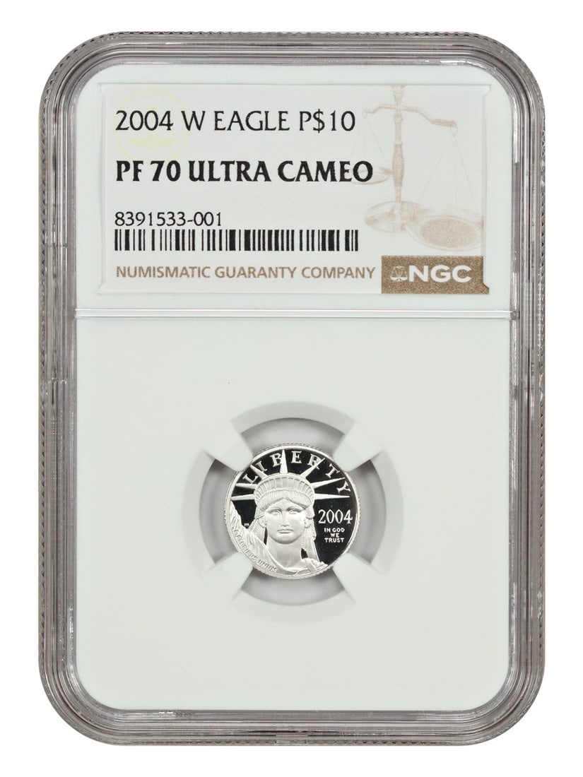 2004-W $10 Statue of Liberty NGC PR70DCAM - Platinum Eagles: 2004-W $10 Statue of Liberty NGC PR70DCAM - Platinum Eagles This stunning 2004-W $10 Platinum Eagle is certified by the NGC and graded PR70DCAM, making it a true masterpiece of numismatic art. With it