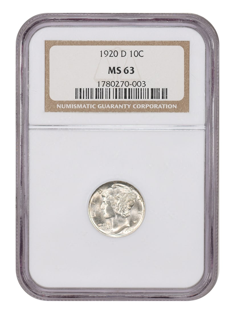 1920-D Mercury Dime NGC MS63: 1920-D Mercury Dime NGC MS63 A rare and highly sought-after 1920-D Mercury Dime, graded MS63 by the Numismatic Guaranty Corporation (NGC), boasts exceptional condition with crisp details and minimal w