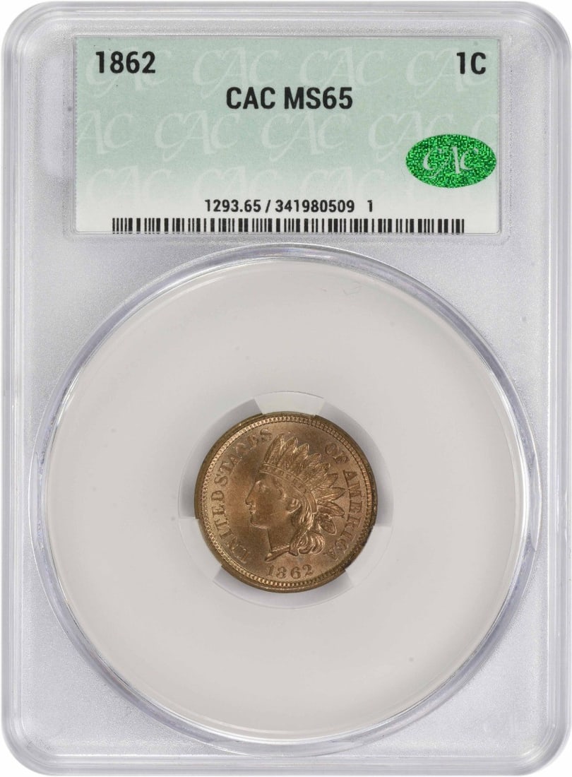 CACG 1862 Indian Cent MS65: CACG 1862 Indian Cent MS65 Rarity and beauty come together in this stunning 1862 Indian Cent, graded MS65 by the CACG. With only 28,075,000 minted, it's one of the most scarce coins from this era, mak