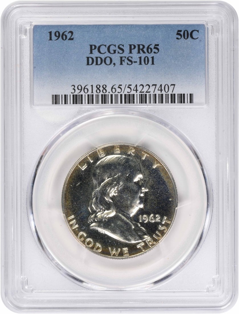 PCGS 1962 Franklin Half Dollar DDO FS-101 PR65: PCGS 1962 Franklin Half Dollar DDO FS-101 PR65 A rare and highly sought-after Franklin Half Dollar, the 1962 PCGS PR65 is a stunning example of American numismatic artistry, boasting a striking proof