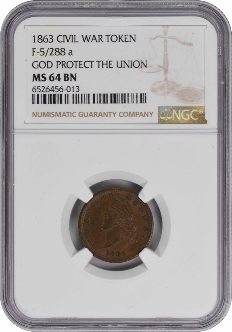 NGC 1863 Civil War Token Patriotic God Protect the Union 5/ 288a MS64BN: NGC 1863 Civil War Token Patriotic God Protect the Union 5/ 288a MS64BN A rare and highly sought-after Civil War token, the NGC 1863 Patriotic God Protect the Union is a stunning example of early Amer